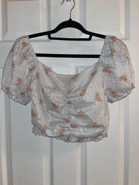 White Eyelet Puff Sleeve Floral Crop Top